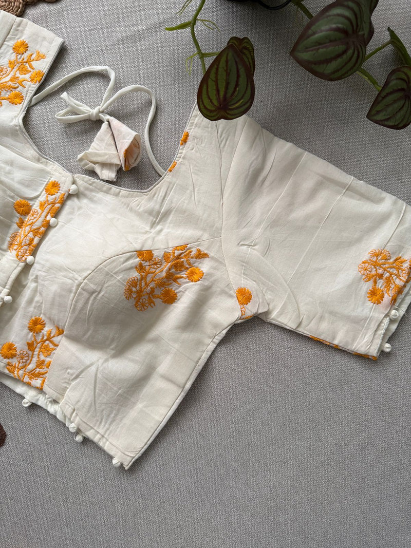 Orange Khadi Cotton Saree With Embrodery Work Stitched Blouse