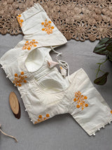 Orange Khadi Cotton Saree With Embrodery Work Stitched Blouse