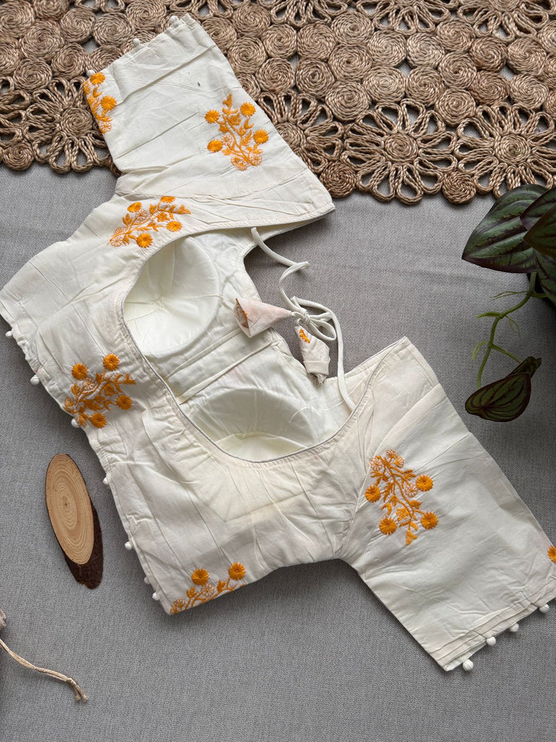 Orange Khadi Cotton Saree With Embrodery Work Stitched Blouse