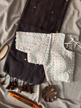 Brown Khadi Cotton Gini Work Saree With Embrodery Work Stitched Blouse