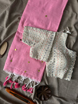 Baby Pink Khadi Cotton Gini Work Saree With Embrodery Work Stitched Blouse