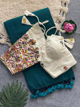 Green Khadi Cotton Saree With Embrodery Work Stitched Blouse