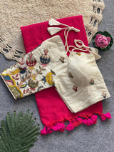 Gajri Khadi Cotton Saree With Embrodery Work Stitched Blouse