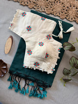 Dark Green Khadi Cotton Saree With Embrodery Work Stitched Blouse