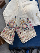 Firozi Khadi Cotton Saree With Embrodery Work Stitched Blouse