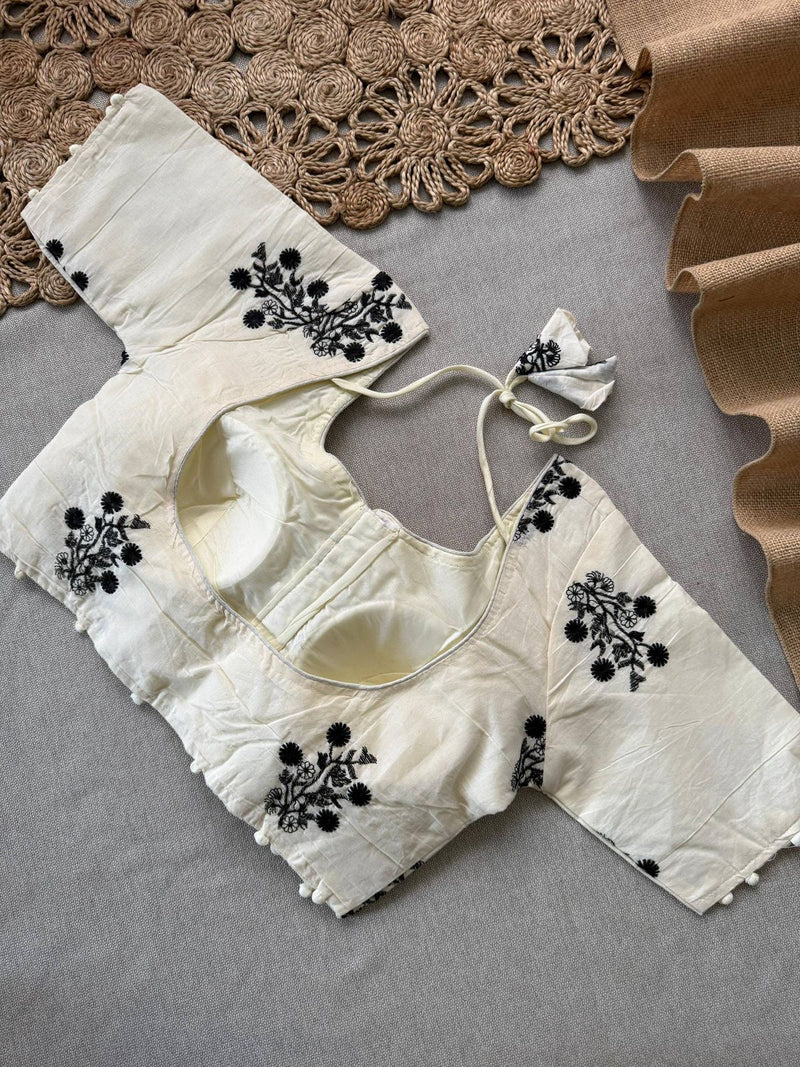 Black Khadi Cotton Saree With Embrodery Work Stitched Blouse