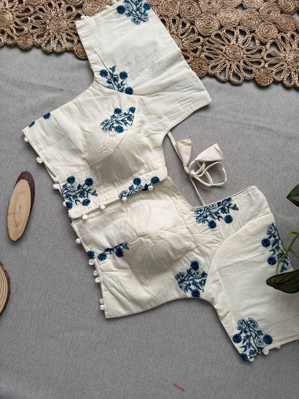 Firozi Khadi Cotton Saree With Embrodery Work Stitched Blouse