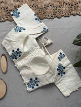 Firozi Khadi Cotton Saree With Embrodery Work Stitched Blouse