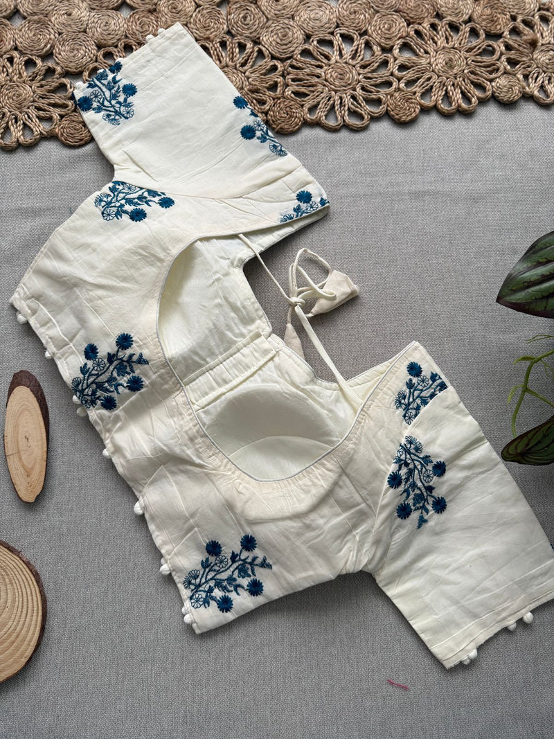 Firozi Khadi Cotton Saree With Embrodery Work Stitched Blouse