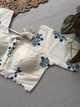 Firozi Khadi Cotton Saree With Embrodery Work Stitched Blouse