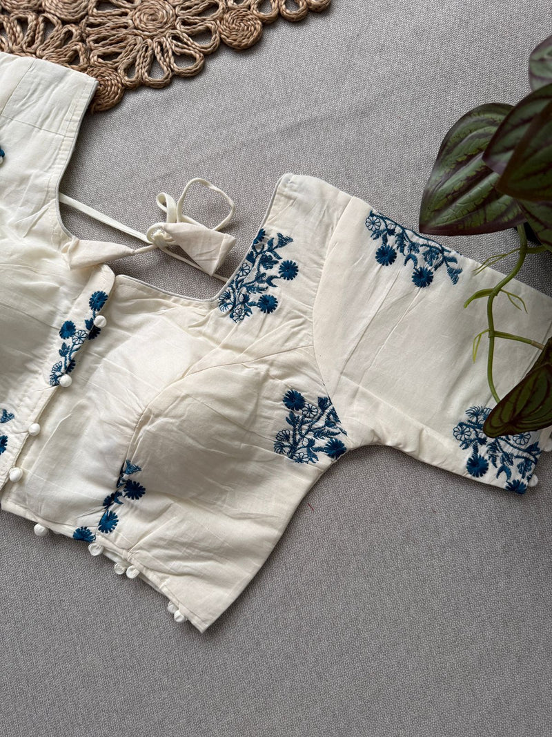 Firozi Khadi Cotton Saree With Embrodery Work Stitched Blouse