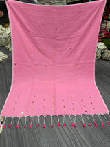Baby Pink Khadi Cotton Gini Work Saree With Embrodery Work Stitched Blouse