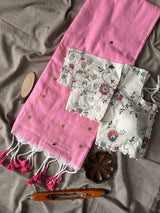 Baby Pink Khadi Cotton Gini Work Saree With Embrodery Work Stitched Blouse