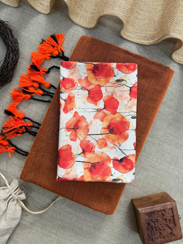 Orange Handloom Cotton Saree With Tulip Printed Blouse