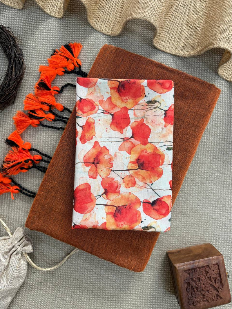 Orange Handloom Cotton Saree With Tulip Printed Blouse