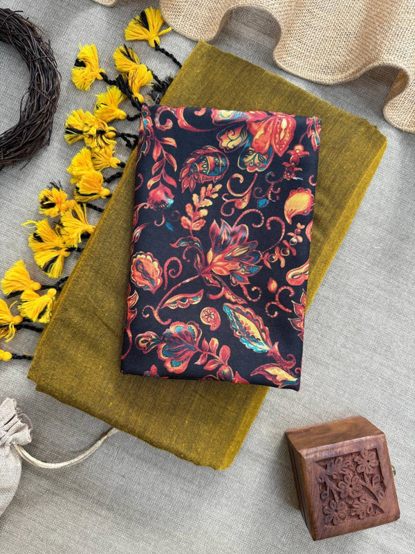 Mustard Yellow Handloom Cotton Saree With Floral Printed Blouse