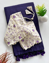Navy Blue Handloom Cotton Saree With Embrodery Work Stitched Blouse