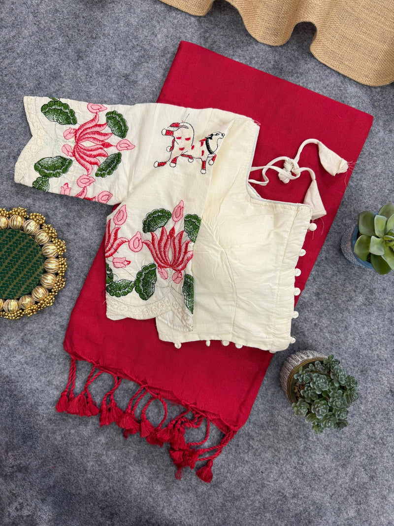 Red Handloom Cotton Saree With Embrodery Work Stitched Blouse