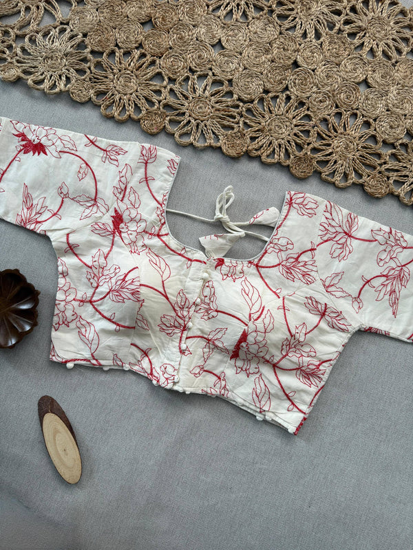 Wine Handloom Cotton Saree With Embrodery Work Stitched Blouse