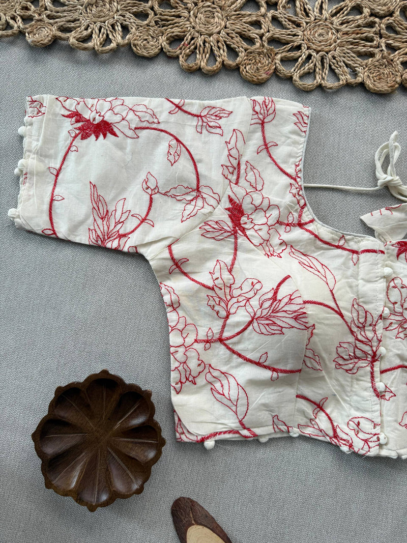 Red Handloom Cotton Saree With Embrodery Work Stitched Blouse