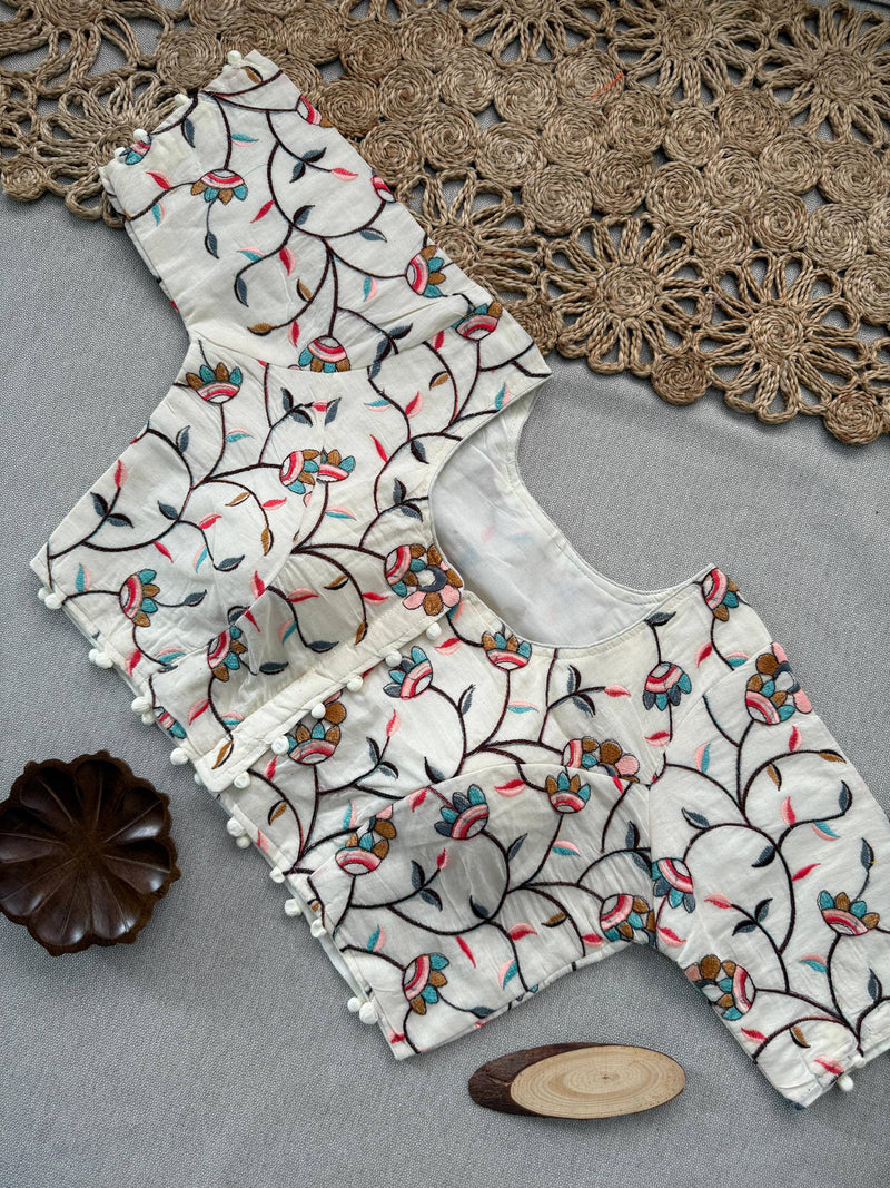 Sky Khadi Cotton Saree With Embrodery Work Stitched Blouse