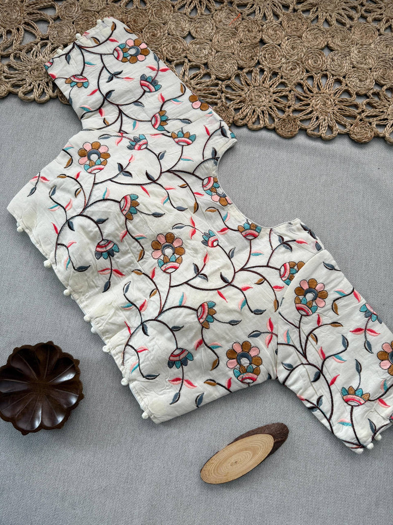 Burnt Orange Khadi Cotton Saree With Embrodery Work Stitched Blouse