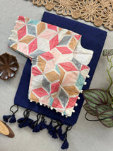 Navy Blue Khadi Cotton Saree With Embrodery Work Stitched Blouse