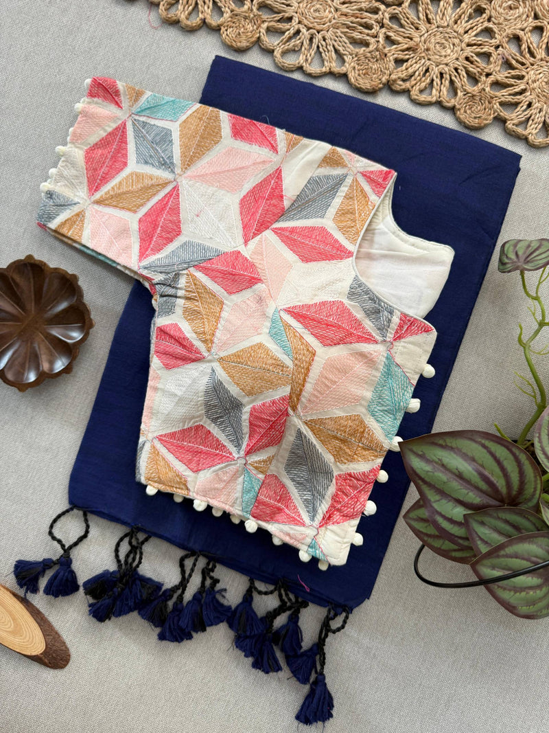 Navy Blue Khadi Cotton Saree With Embrodery Work Stitched Blouse