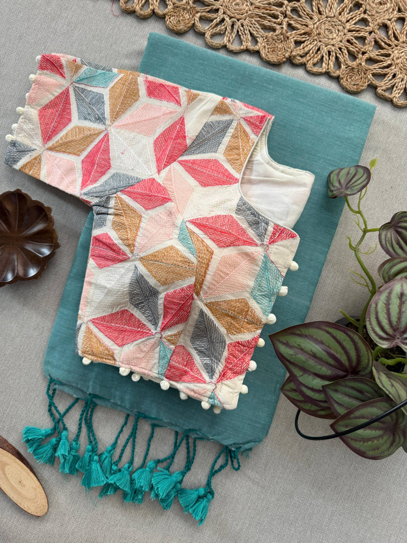 Sky Khadi Cotton Saree With Embrodery Work Stitched Blouse