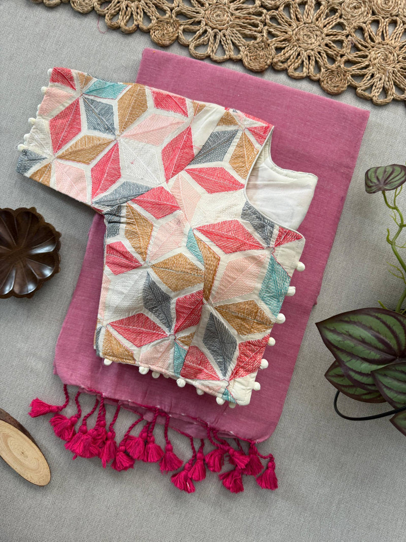 Baby Pink Khadi Cotton Saree Embrodery Work Stitched Blouse