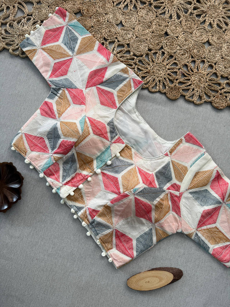 Sky Khadi Cotton Saree With Embrodery Work Stitched Blouse