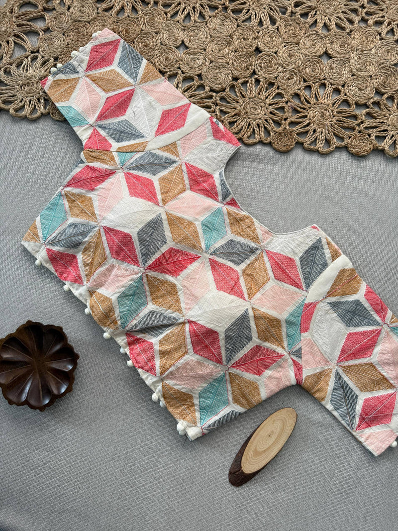 Pink Khadi Cotton Saree With Embrodery Work Stitched Blouse