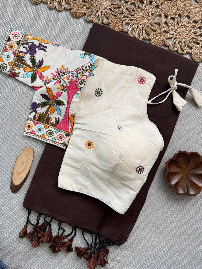 Vanika Brown Khadi Cotton Saree With Embrodery Work Stitched Blouse