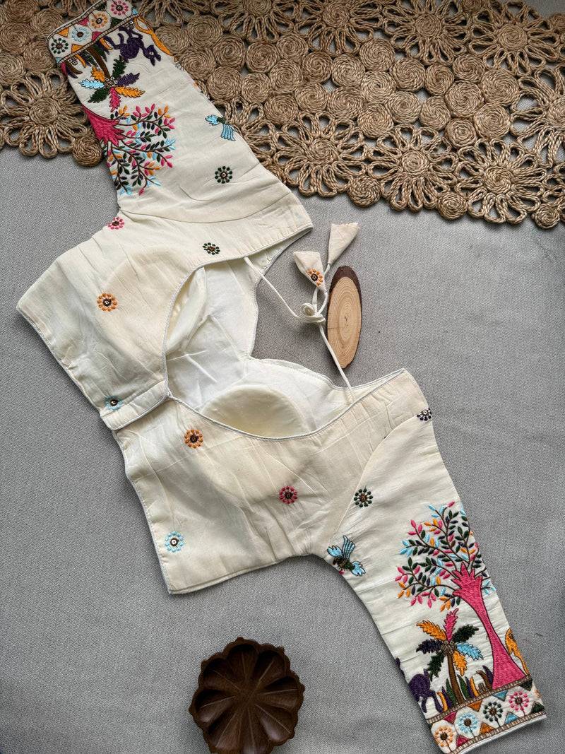 Vanika Brown Khadi Cotton Saree With Embrodery Work Stitched Blouse