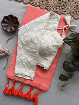 Peach Khadi Cotton Saree With Embrodery Work Stitched Blouse