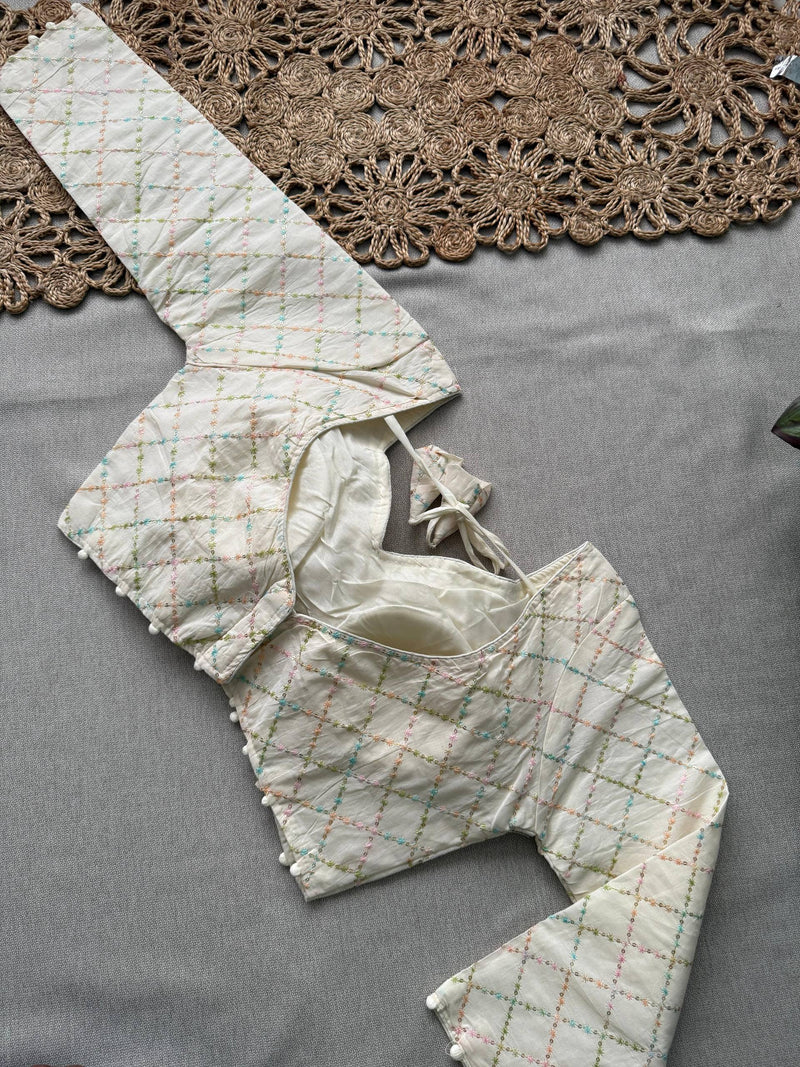 Sky Khadi Cotton Saree With Embrodery Work Stitched Blouse