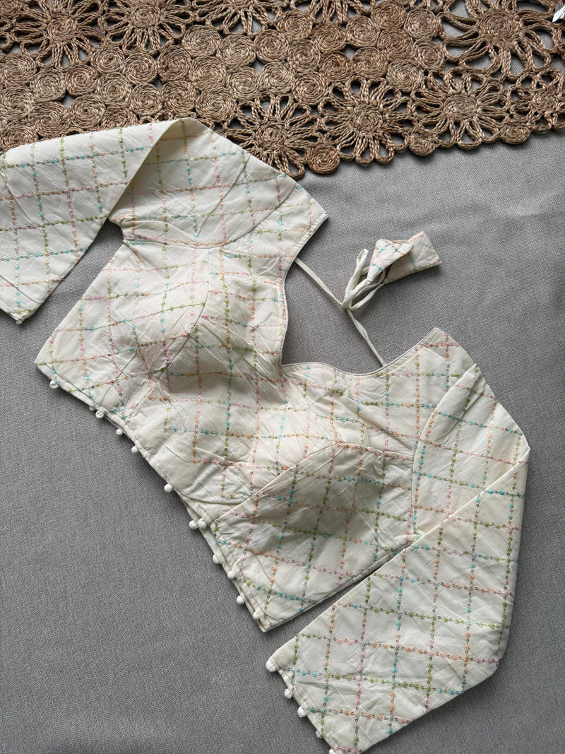 C Green Khadi Cotton Saree With Embrodery Work Stitched Blouse